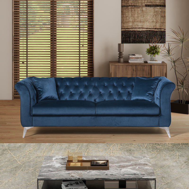 Winslow Chesterfield sofa in azure blue velvet, three-quarter view