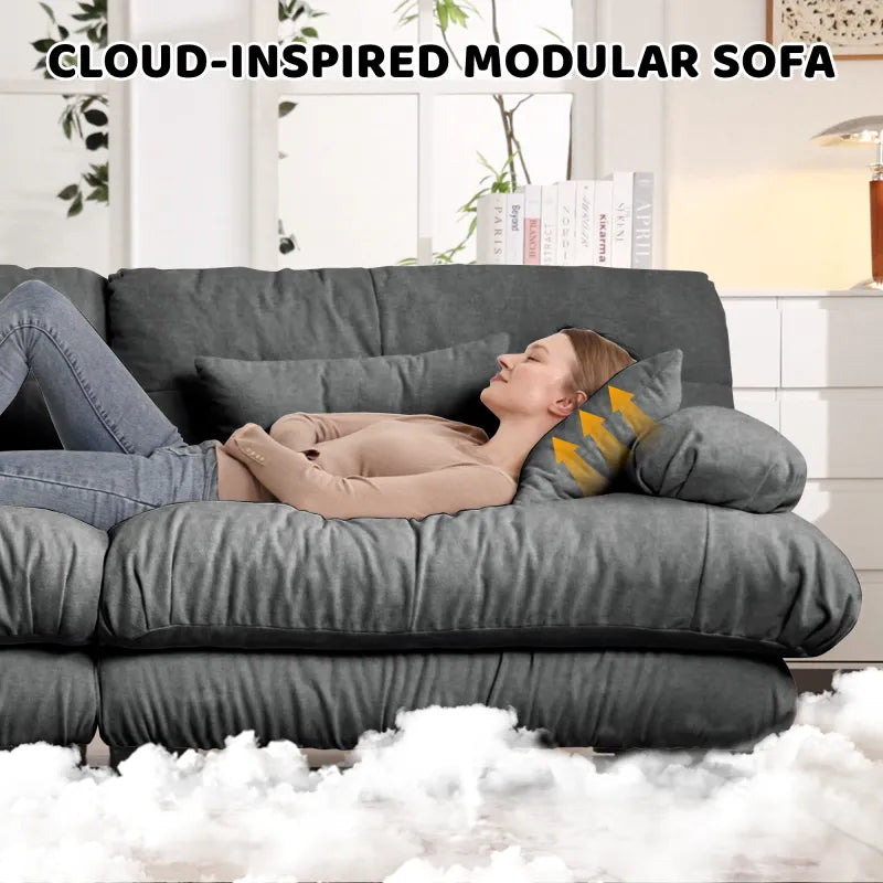 Close-up of the soft grey chenille upholstery on the Nimbus sofa
