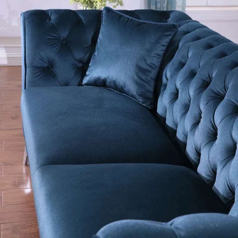 Winslow azure blue Chesterfield sofa, side profile