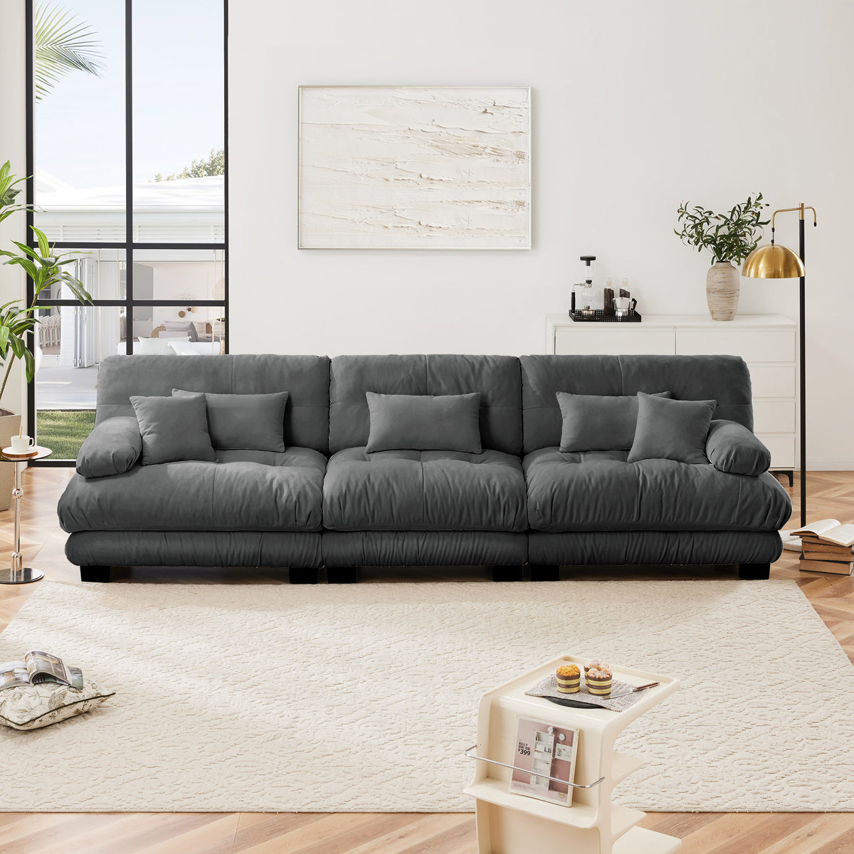 Nimbus modular sectional sofa in grey chenille, three-quarter view