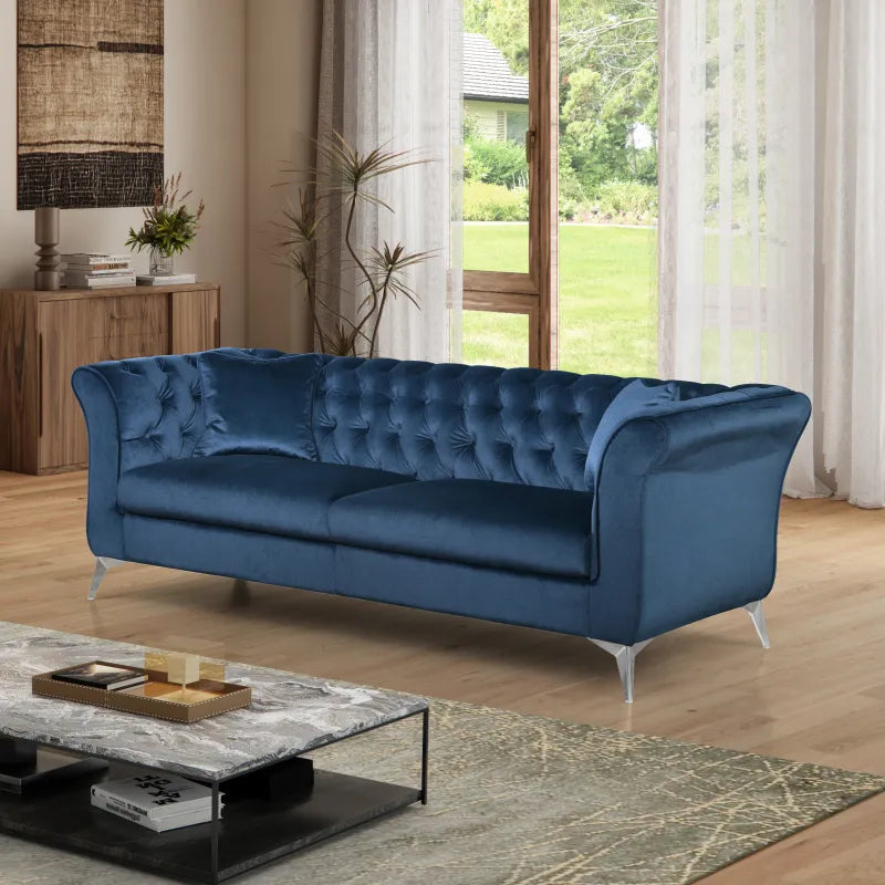 Winslow azure blue Chesterfield sofa, front view