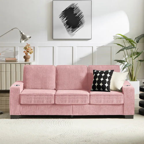Rosewood corduroy sofa with built-in cup holders, three-quarter view